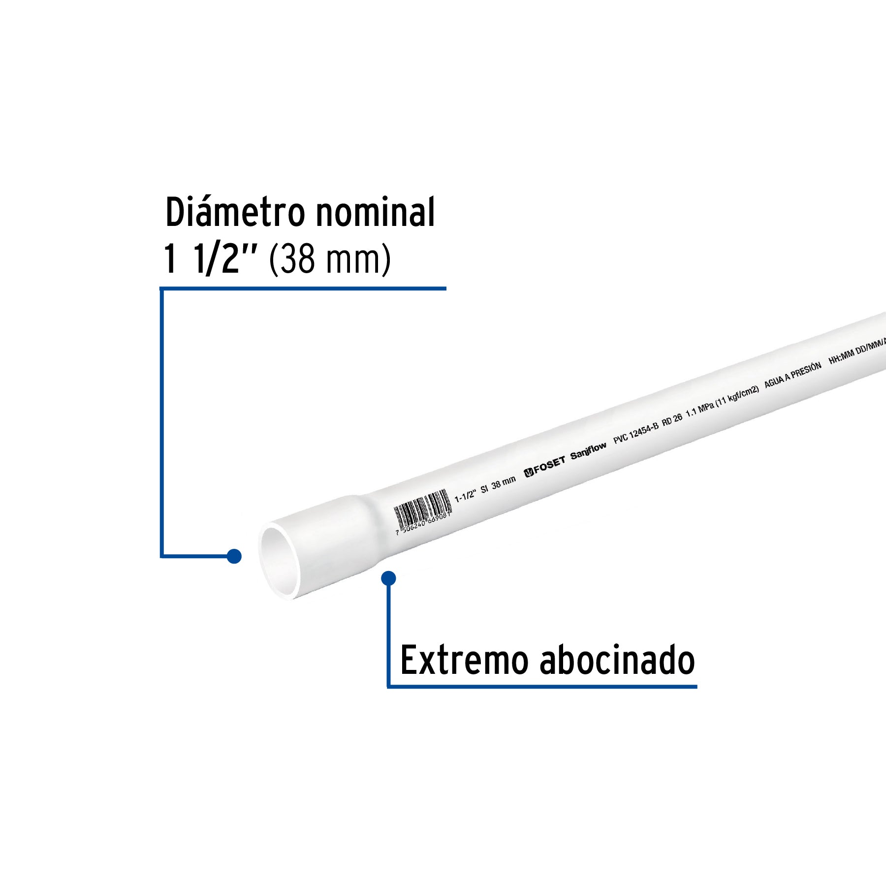 Tubo de 1-1/2' PVC hidráulico RD 26, 3m, 1.2kg, FOSET. Modelo: PVC-105