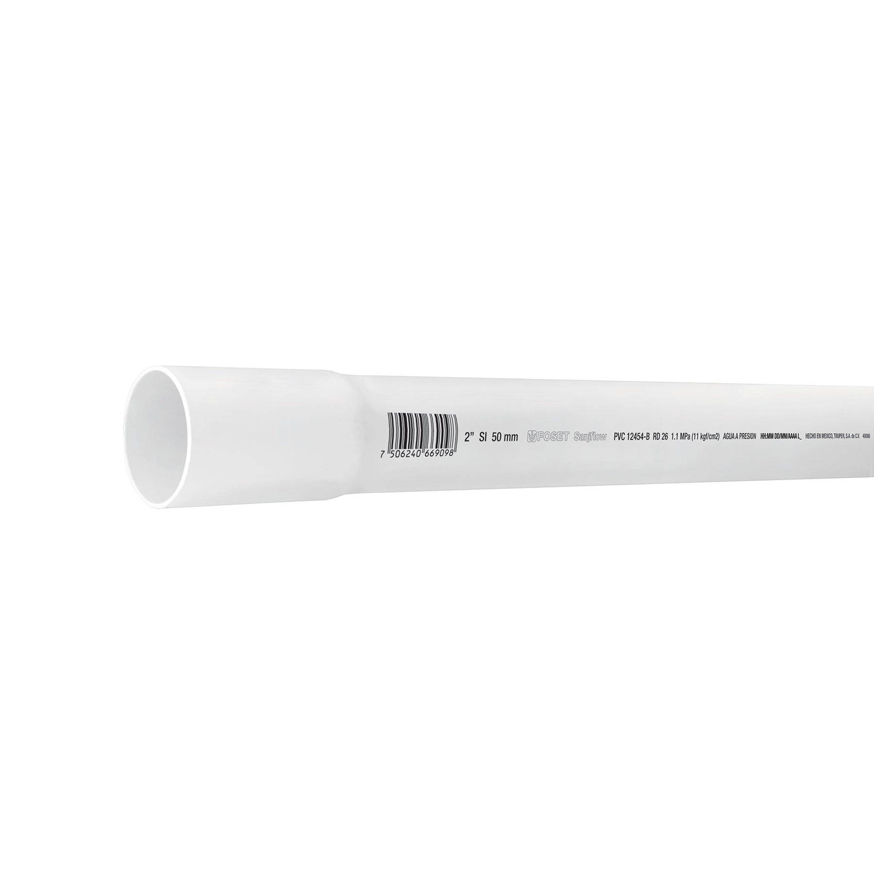 Tubo de 2' PVC hidráulico RD 26, 3m, 1.8kg, FOSET. Modelo: PVC-106