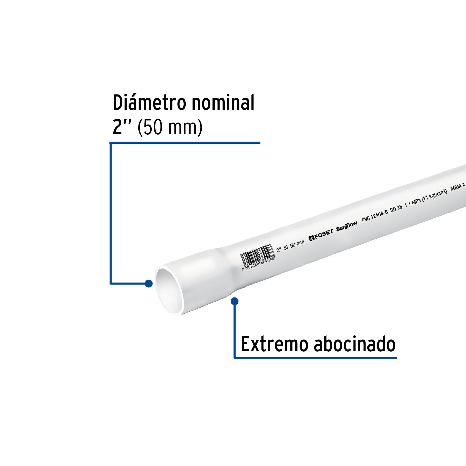 Tubo de 2' PVC hidráulico RD 26, 3m, 1.8kg, FOSET. Modelo: PVC-106