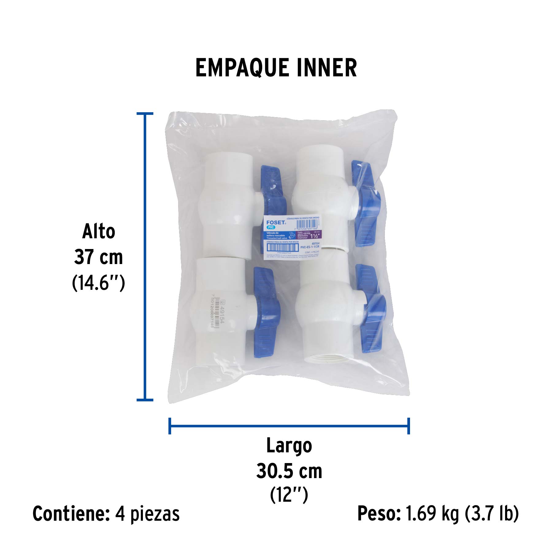 Válvula esfera de PVC 1-1/2' roscable, FOSET. Modelo: PVC-ES-1-1/2R