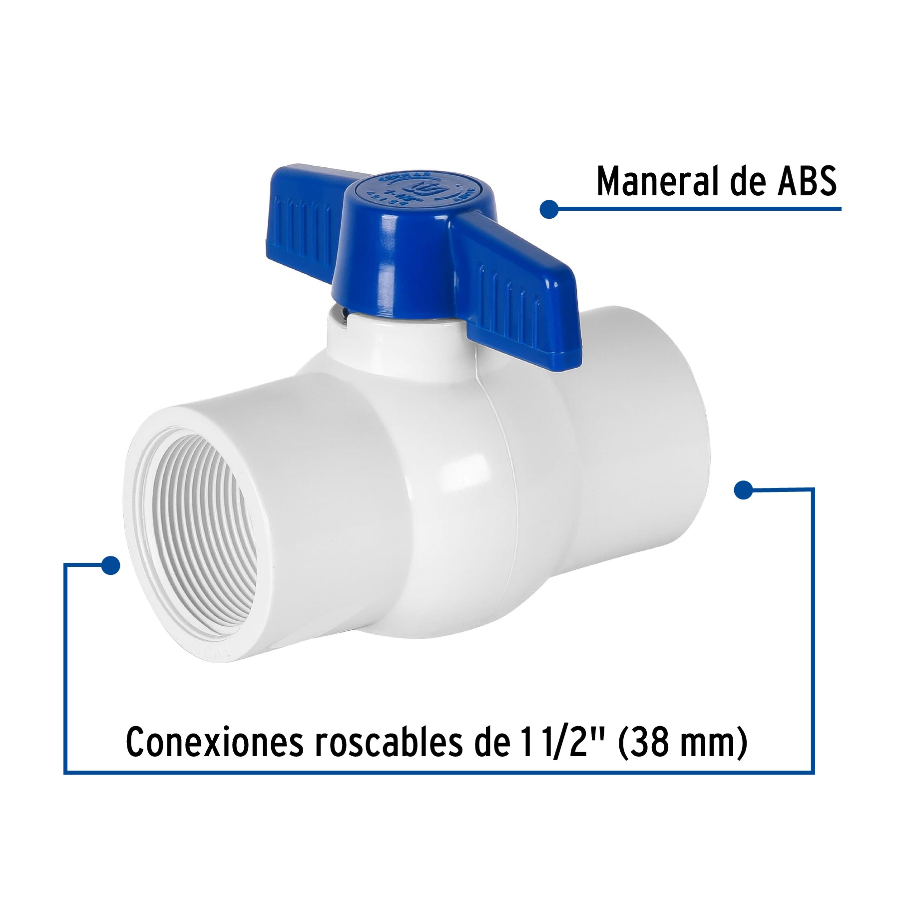 Válvula esfera de PVC 1-1/2' roscable, FOSET. Modelo: PVC-ES-1-1/2R