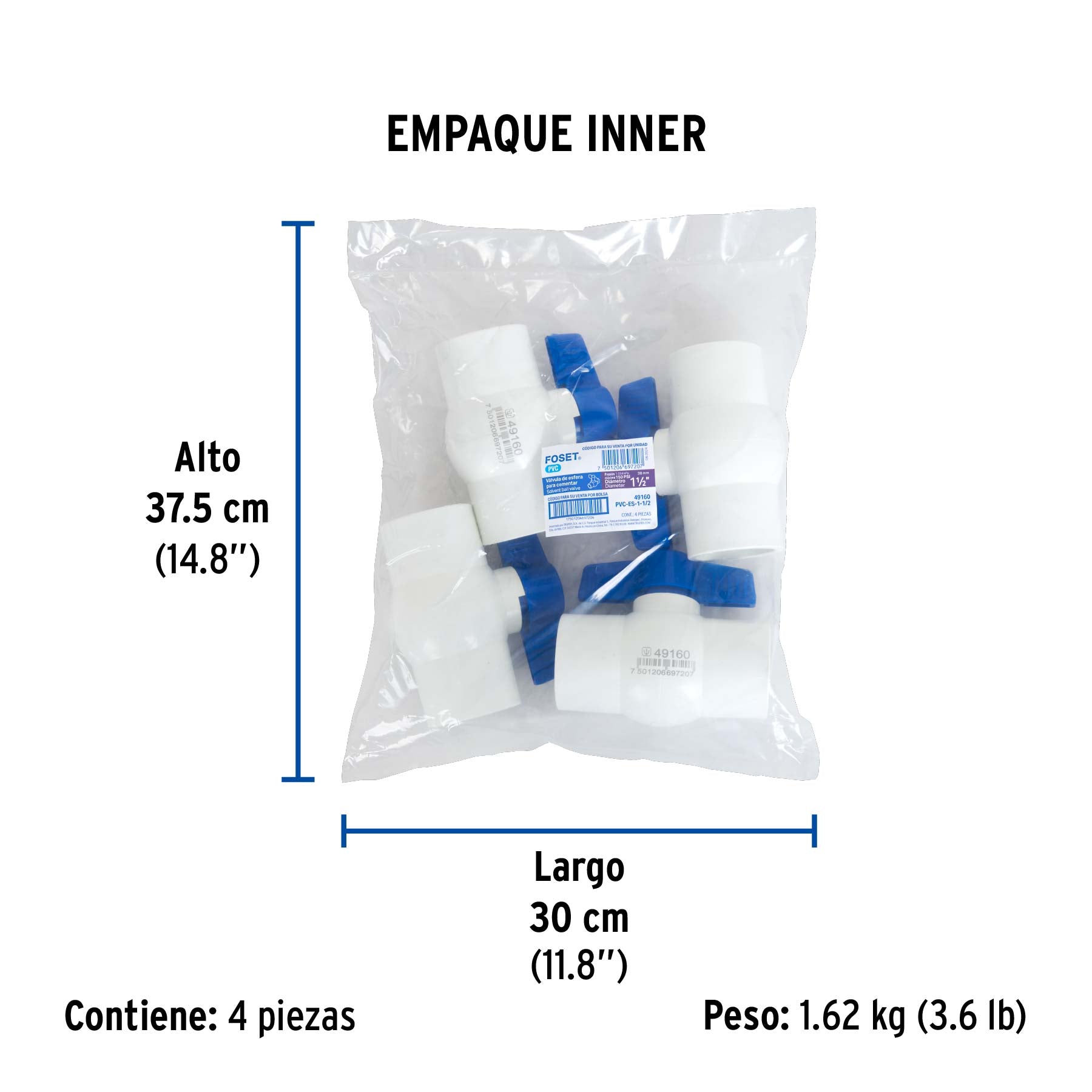 Válvula de esfera de PVC 1 1/2' para cementar, FOSET. Modelo: PVC-ES-1-1/2