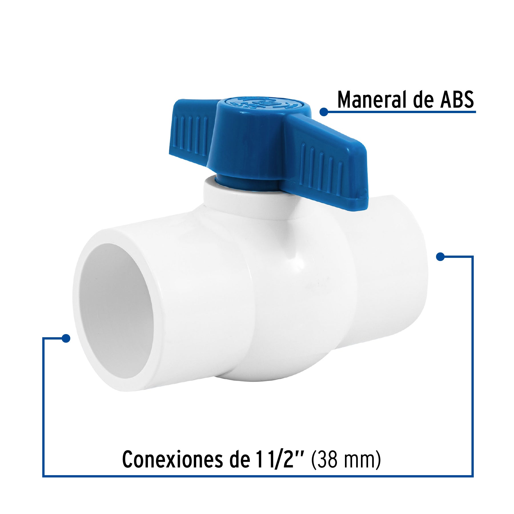 Válvula de esfera de PVC 1 1/2' para cementar, FOSET. Modelo: PVC-ES-1-1/2
