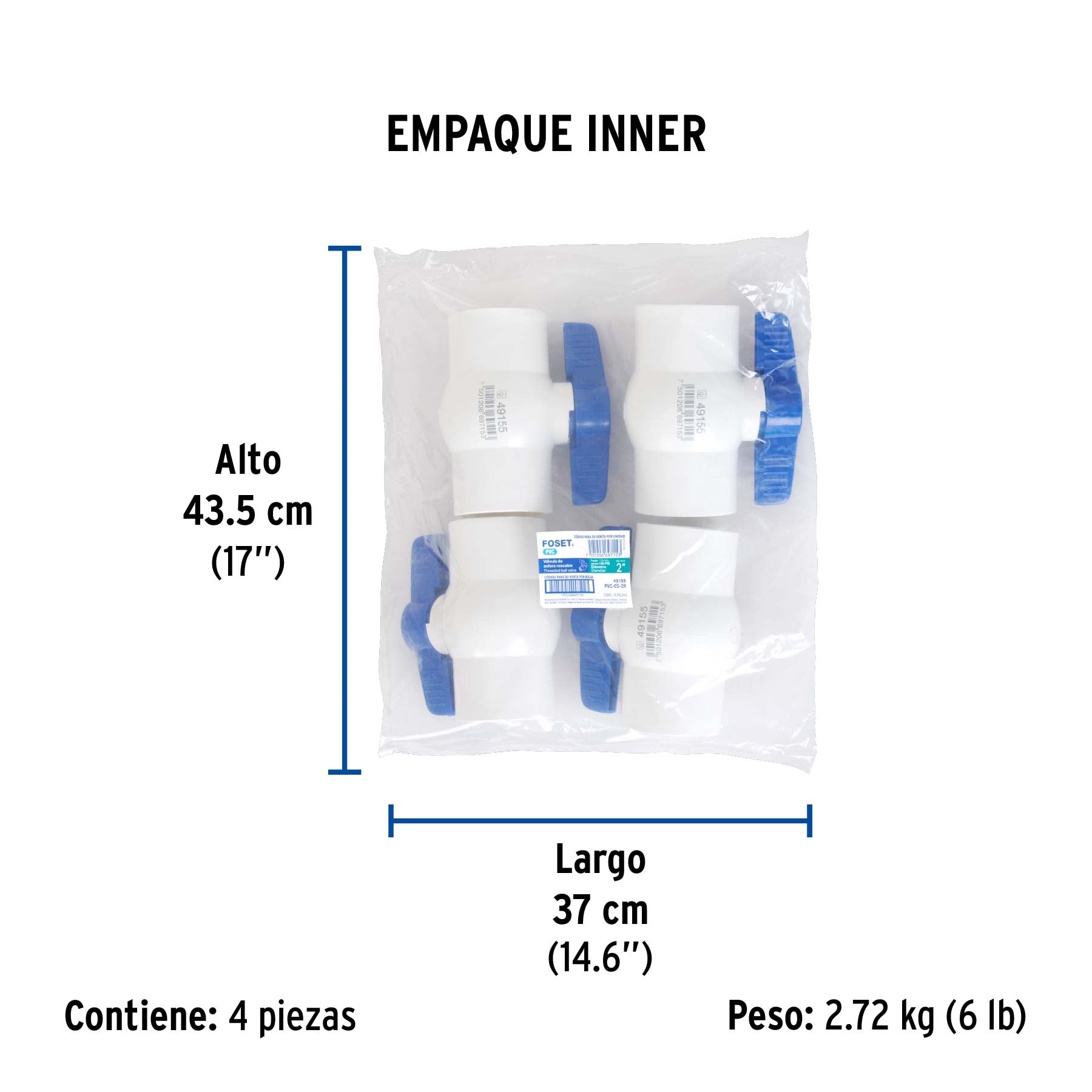 Válvula esfera de PVC 2' roscable, FOSET. Modelo: PVC-ES-2R
