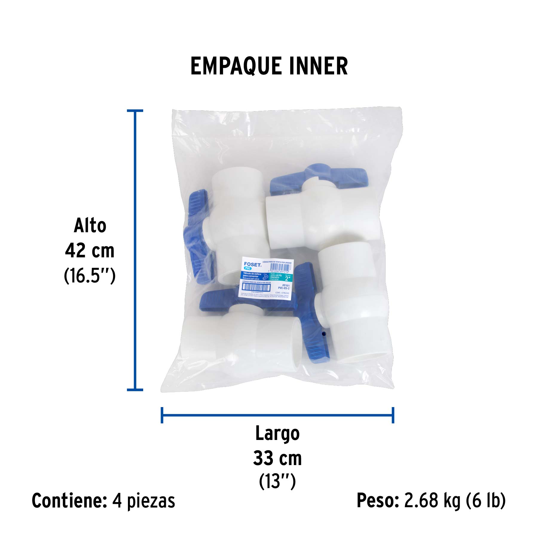 Válvula de esfera de PVC 2' para cementar, FOSET. Modelo: PVC-ES-2
