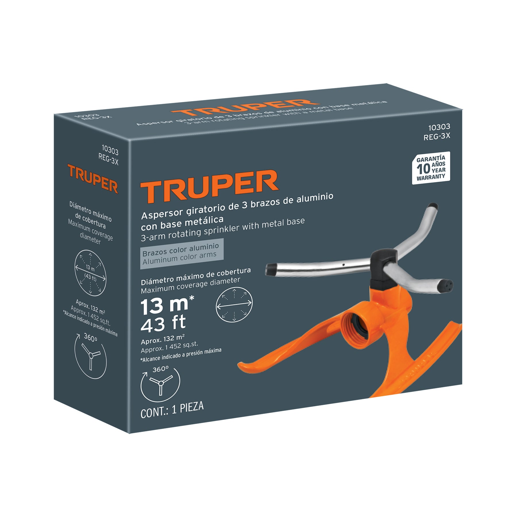Aspersor b/metálica giratorio 3 brazos de aluminio, TRUPER. Modelo: REG-3X