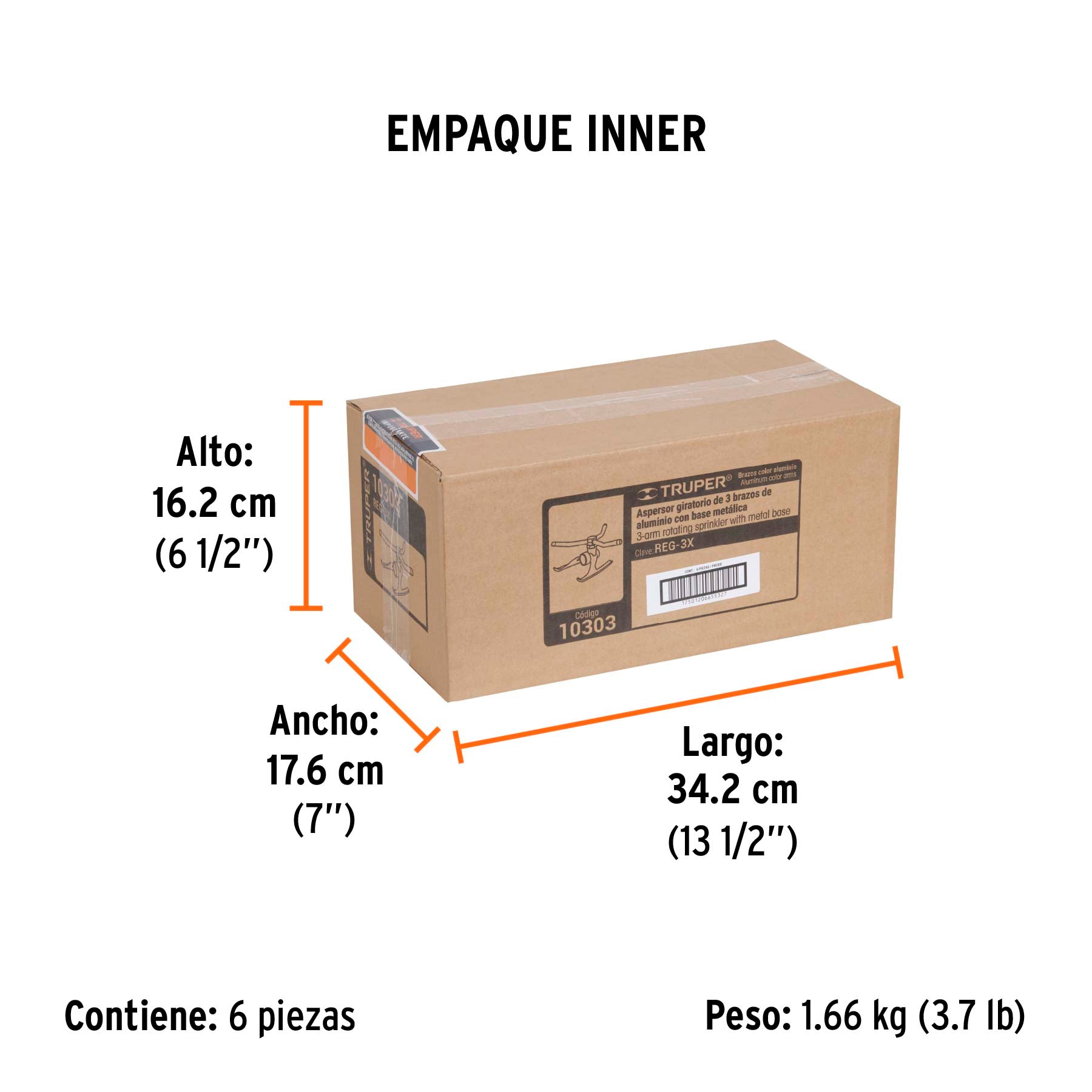 Aspersor b/metálica giratorio 3 brazos de aluminio, TRUPER. Modelo: REG-3X