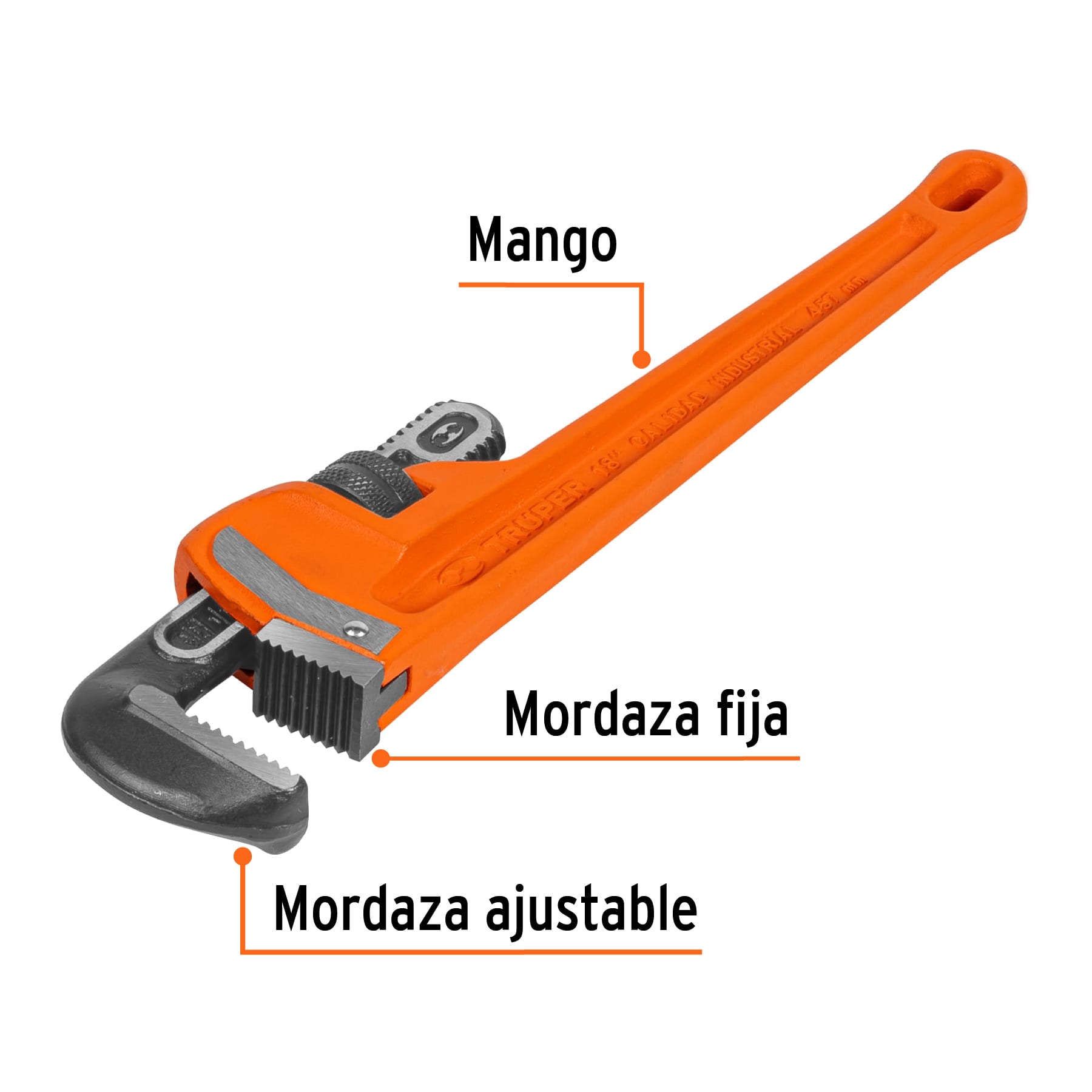 Llave stilson 18' cuerpo robusto de hierro dúctil, TRUPER. Modelo: STI-18