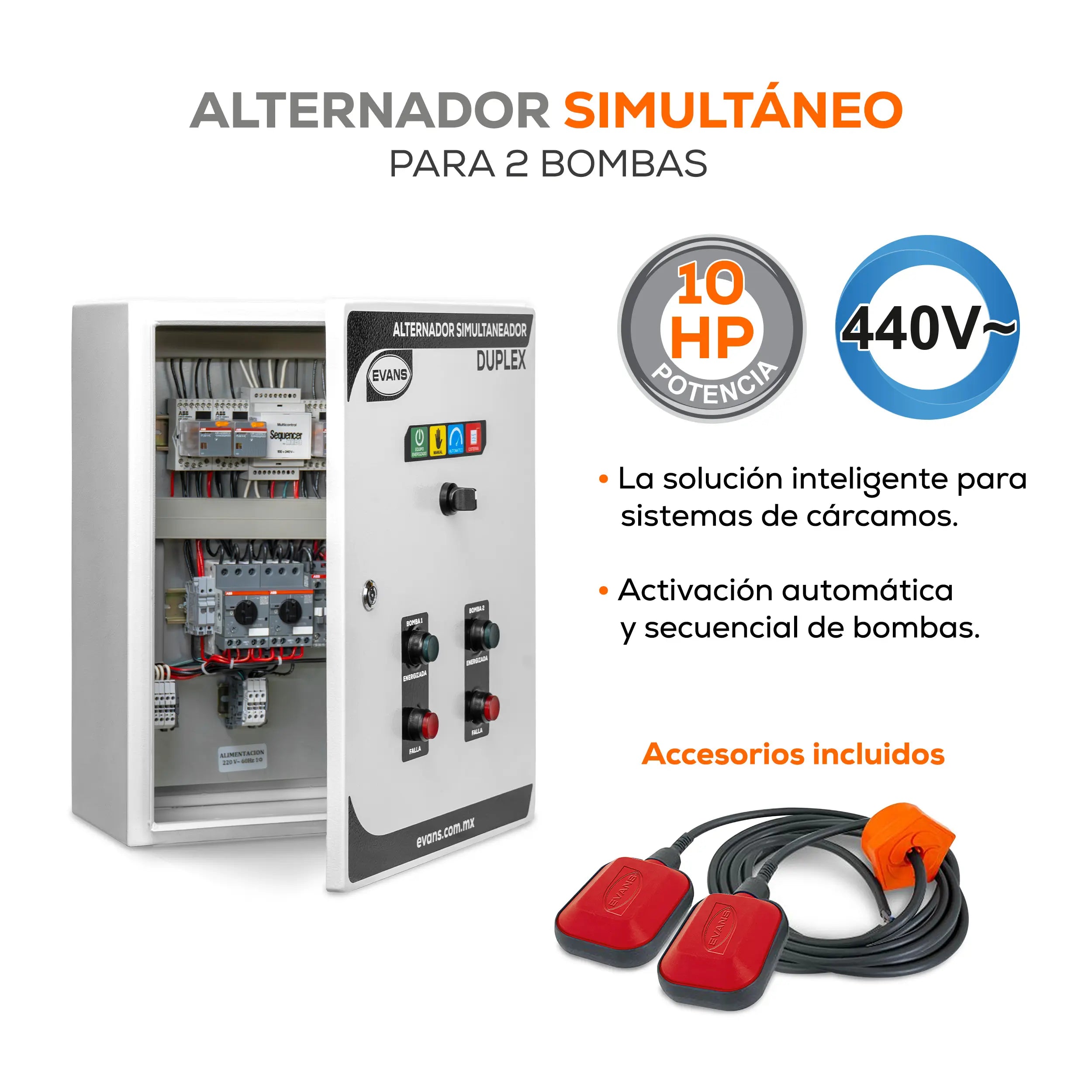 Alternador simultaneador 2X10 HP Marca EVANS. Modelo: AB-ASV1000H