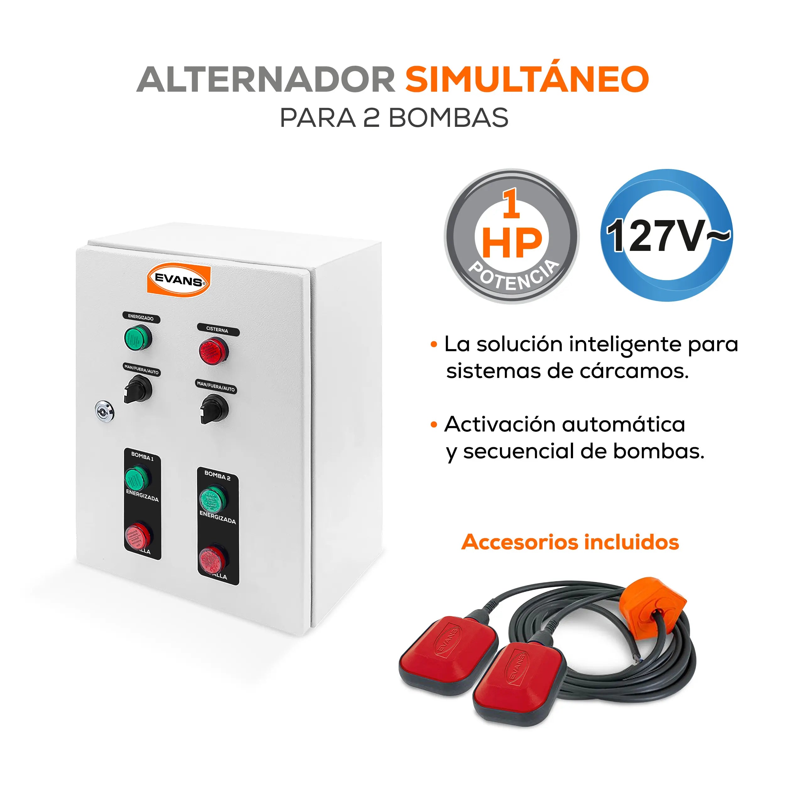 Alternador simultaneador 2X1 HP 127 V 1 Marca EVANS. Modelo: AB-ASV100F