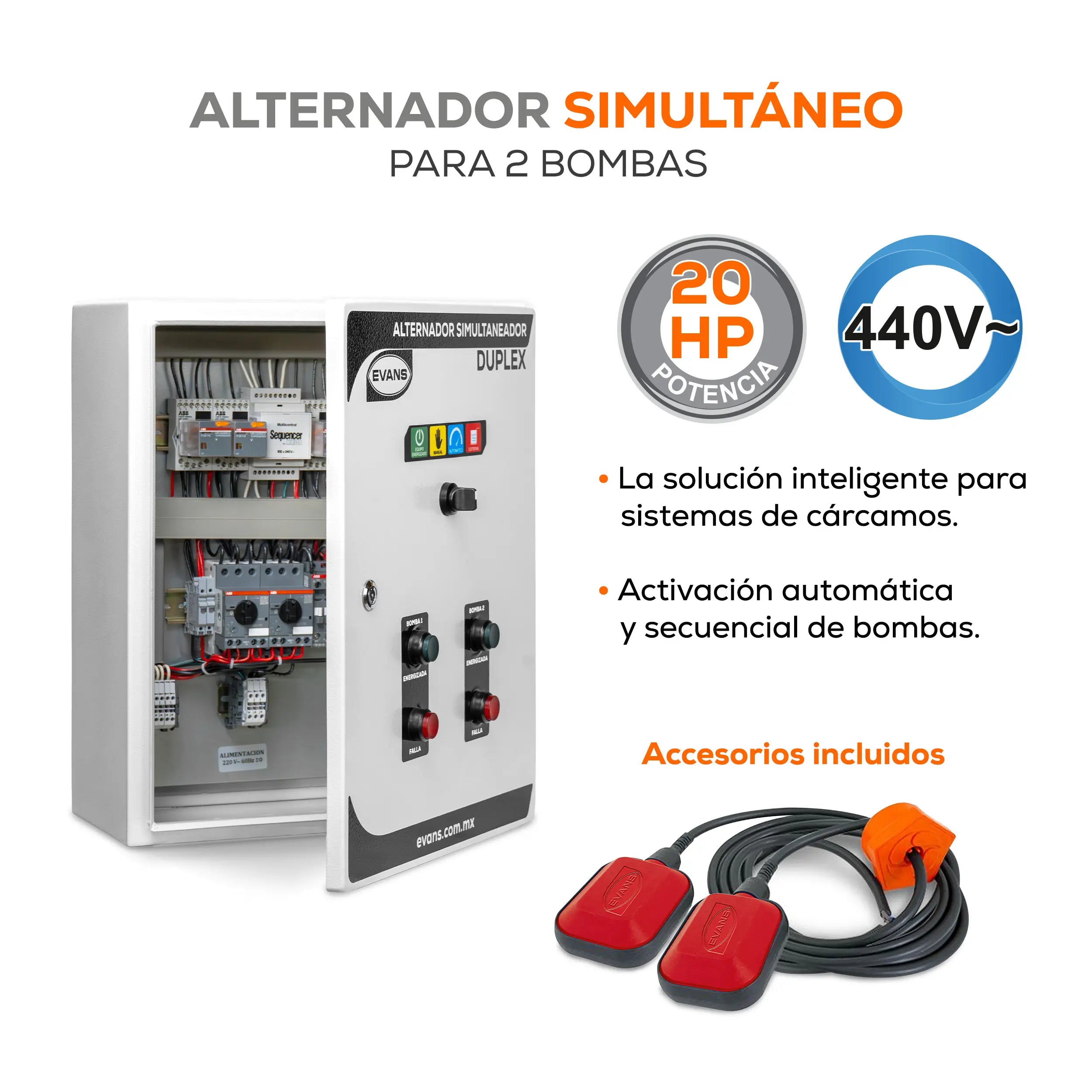 Alternador simultaneador 2X20 HP 440 V Marca EVANS. Modelo: AB-ASV2000H