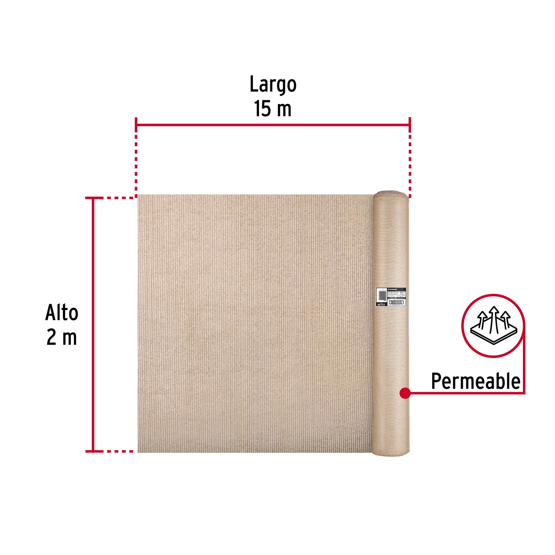 Rollo de malla sombra 80%, raschel beige, 15m x 2m, FIERO. Modelo: TORA-152B