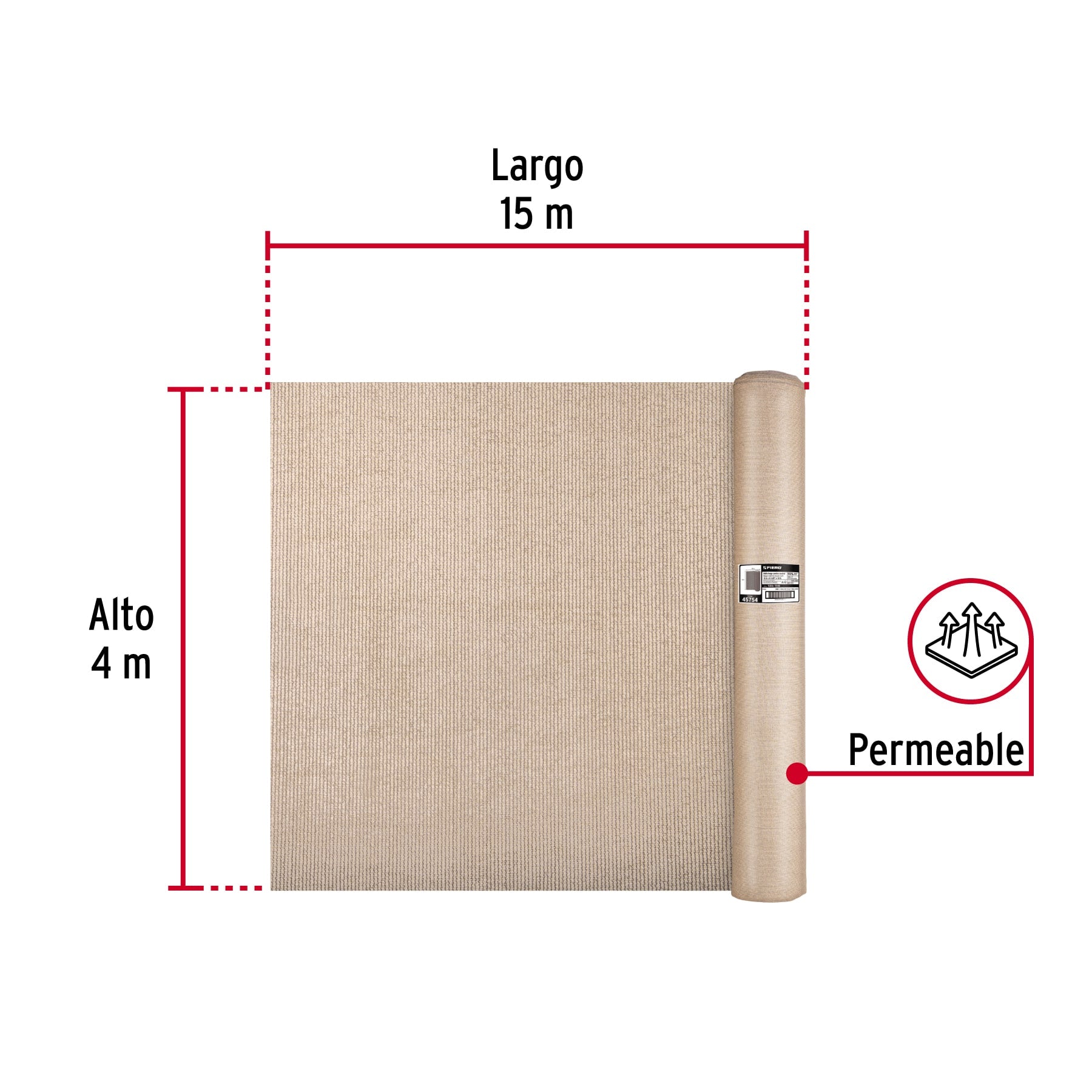 Rollo de malla sombra 80%, raschel beige, 15m x 4m, FIERO. Modelo: TORA-154B