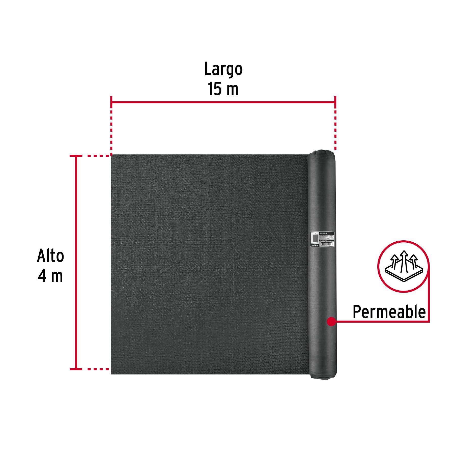 Rollo de malla sombra 90%, raschel negro, 15m x 4m, FIERO. Modelo: TORA-154N