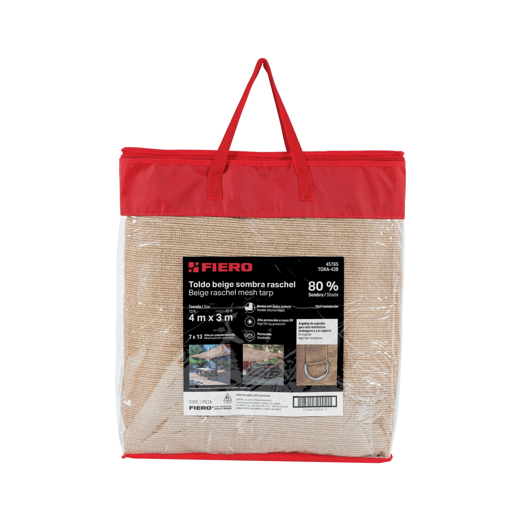 Toldo sombra 80%, raschel beige, 4m x 3m, FIERO. Modelo: TORA-43B