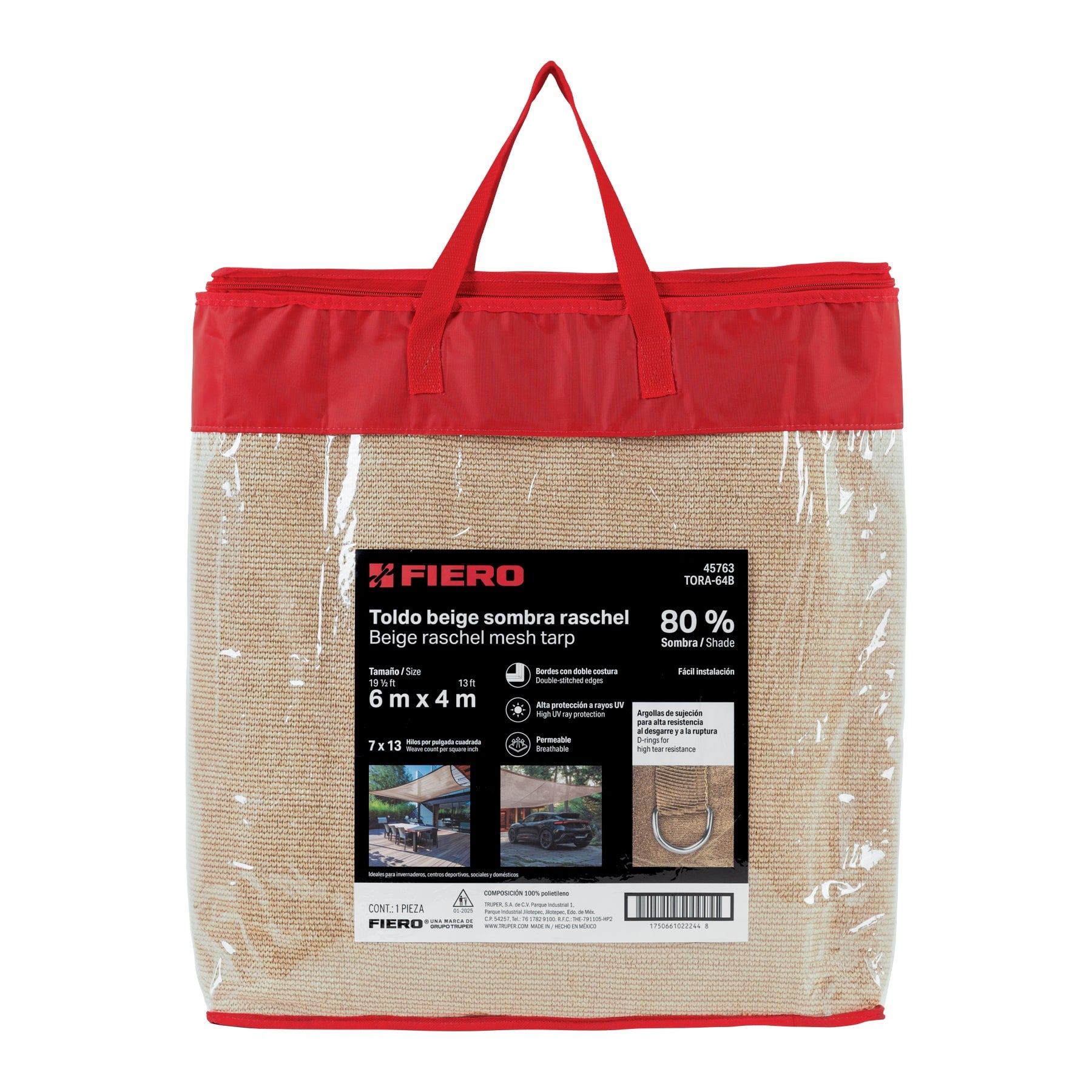 Toldo sombra 80%, raschel beige, 6m x 4m, FIERO. Modelo: TORA-64B