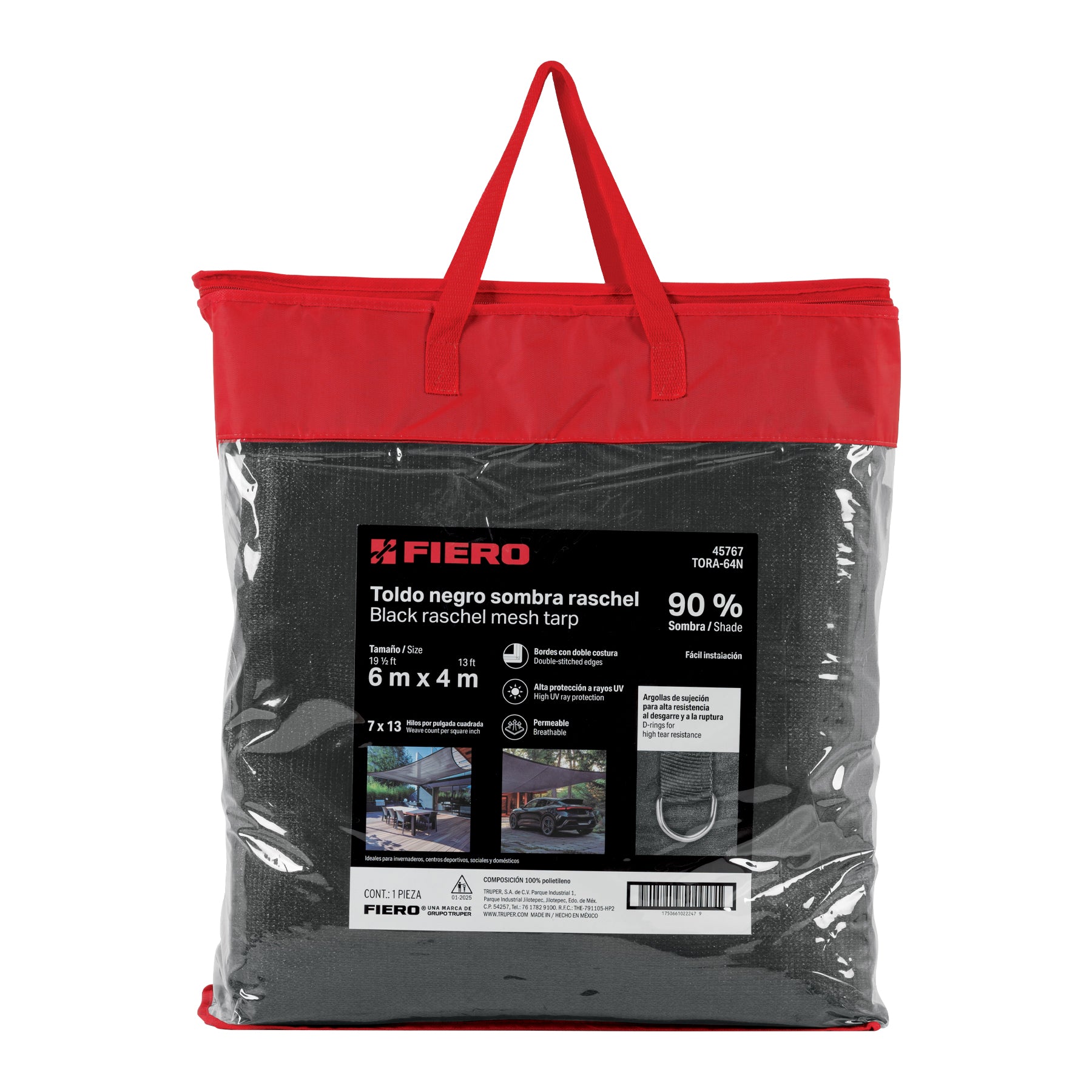 Toldo sombra 90%, raschel negro, 6m x 4m, FIERO. Modelo: TORA-64N