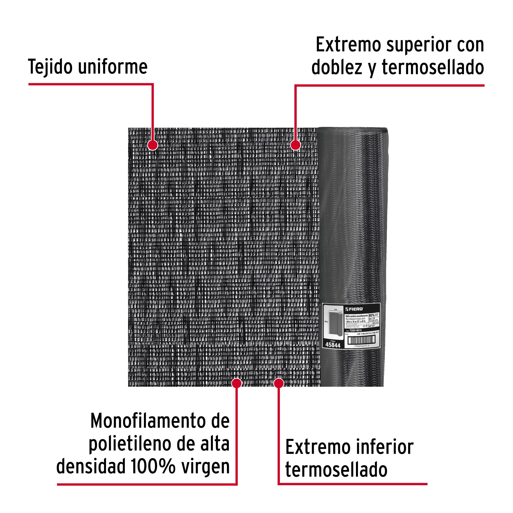 Rollo de malla sombra 80%, monofilamento negro, 1.85m x 15m. Modelo: TOSO-8015