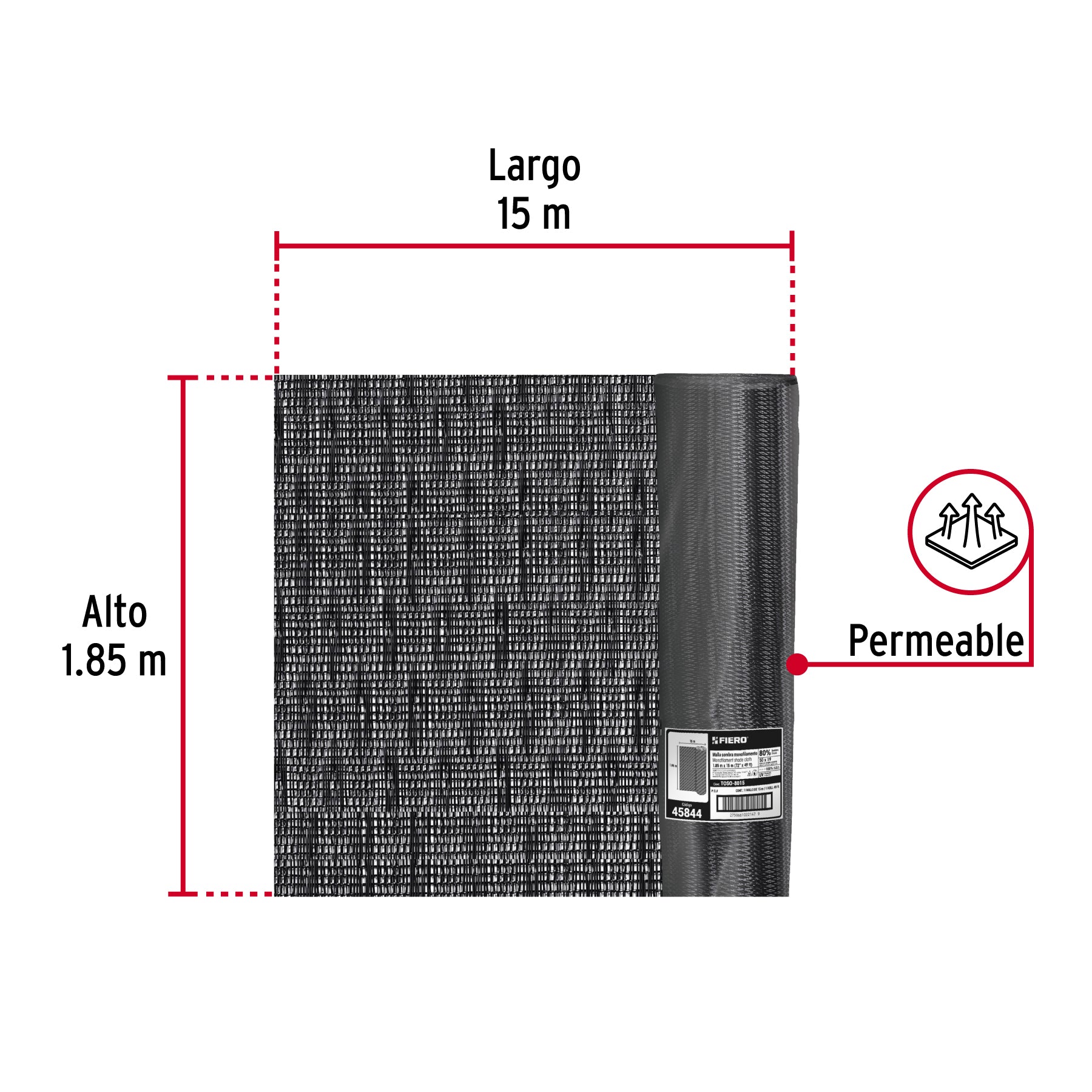 Rollo de malla sombra 80%, monofilamento negro, 1.85m x 15m. Modelo: TOSO-8015