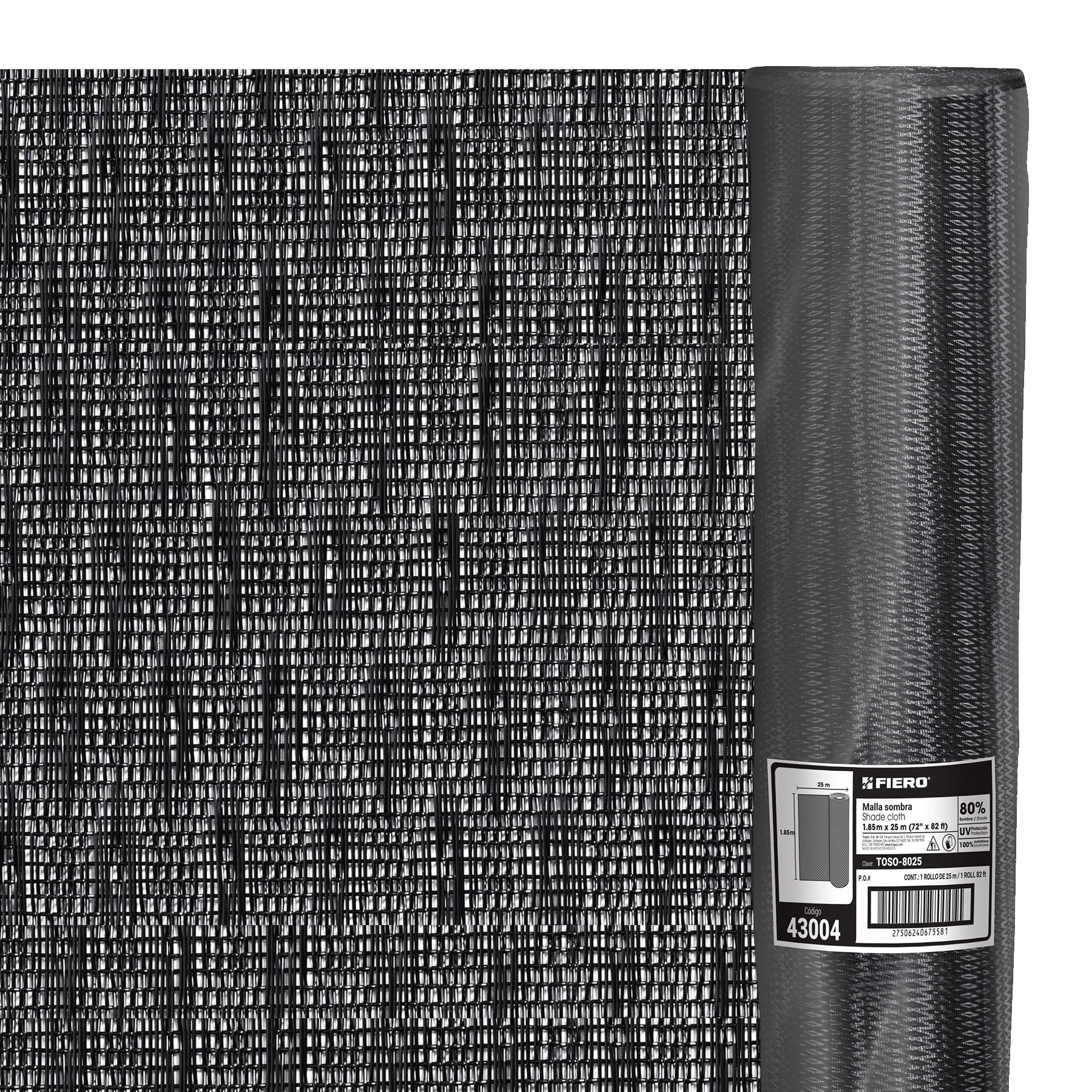 Rollo de malla sombra 80%, monofilamento negro, 1.85m x 25m. Modelo: TOSO-8025
