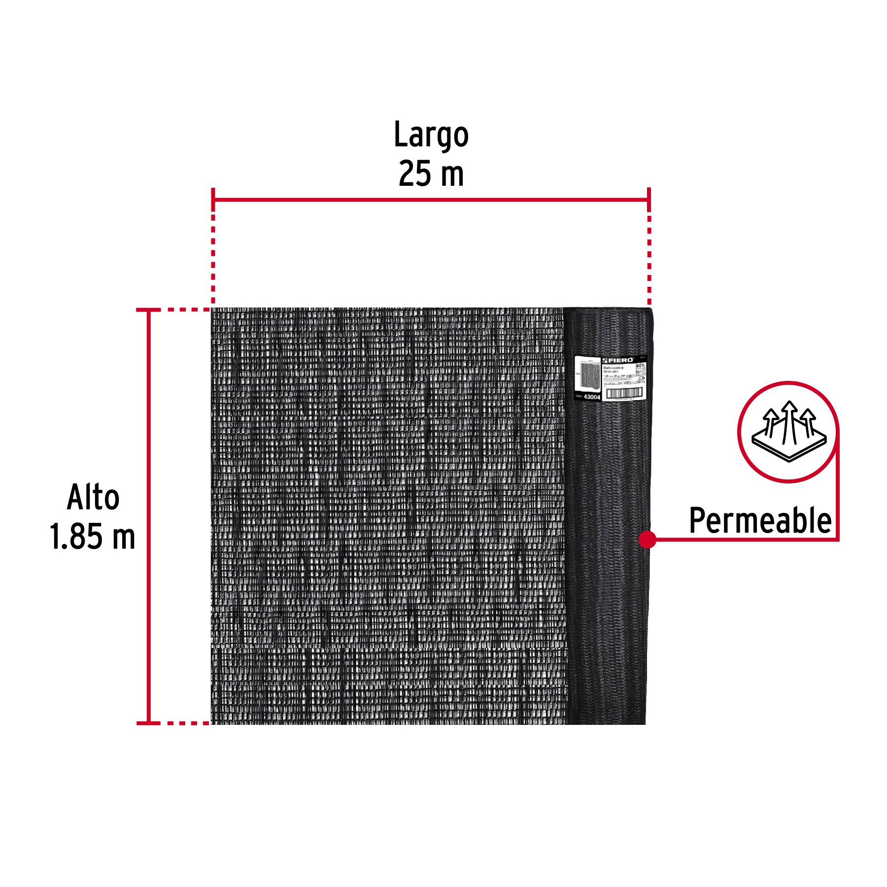 Rollo de malla sombra 80%, monofilamento negro, 1.85m x 25m. Modelo: TOSO-8025
