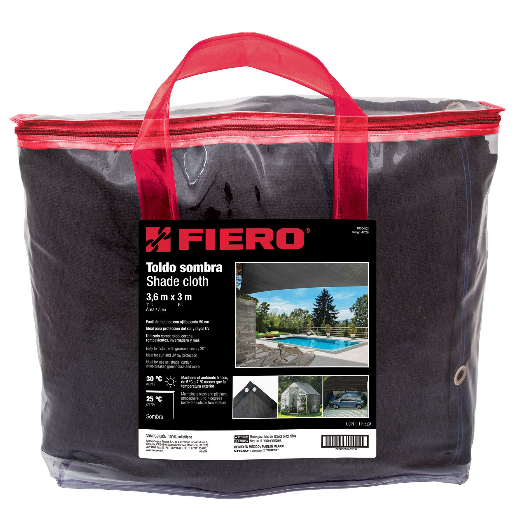 Toldo sombra 80%, monofilamento negro, 3.6m x 3m, FIERO. Modelo: TOSO-803