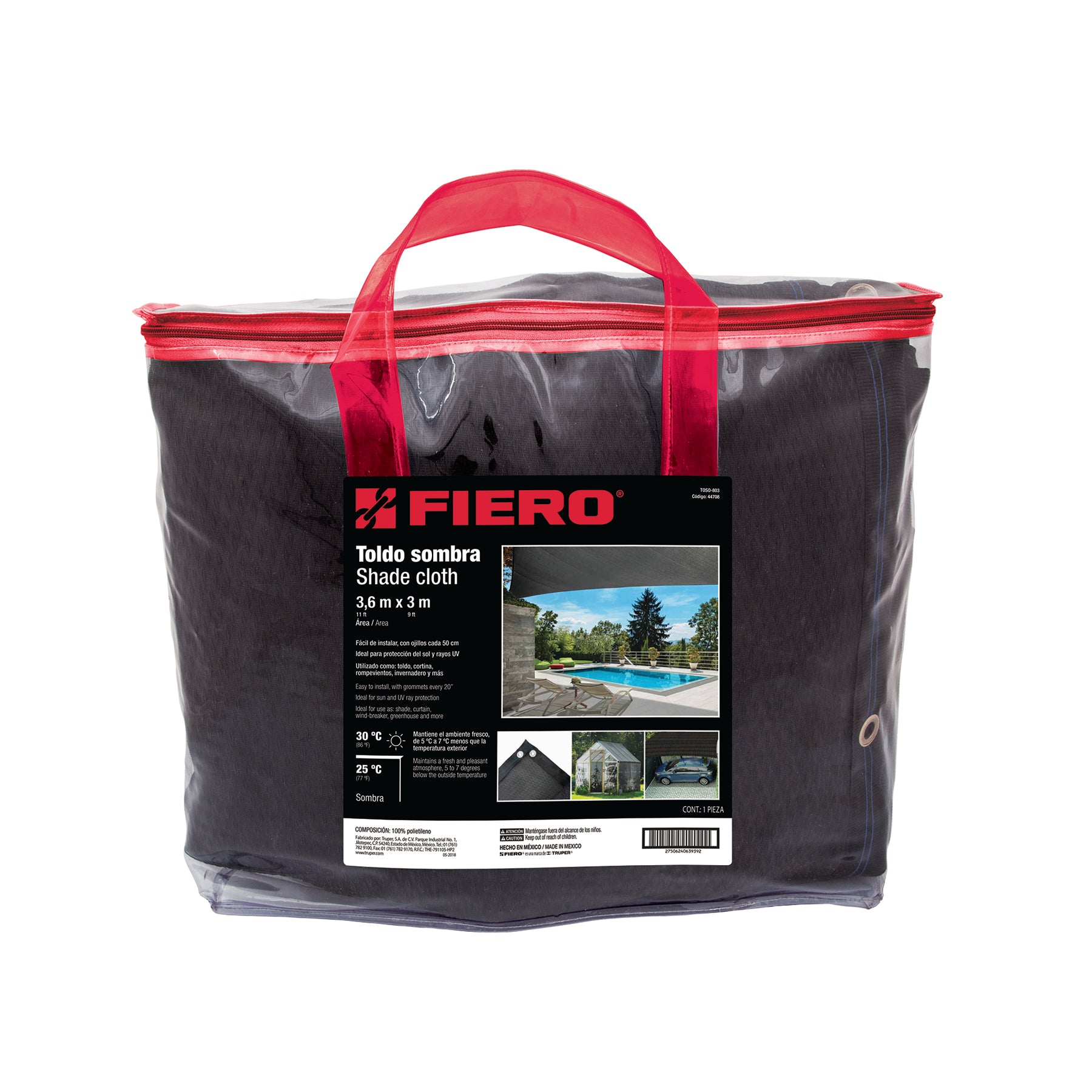 Toldo sombra 80%, monofilamento negro, 3.6m x 4m, FIERO. Modelo: TOSO-804