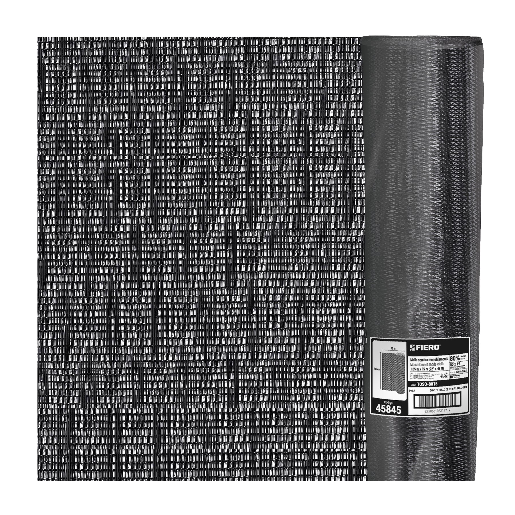 Rollo de malla sombra 80%, monofilamento negro, 1.85m x 50m. Modelo: TOSO-8050