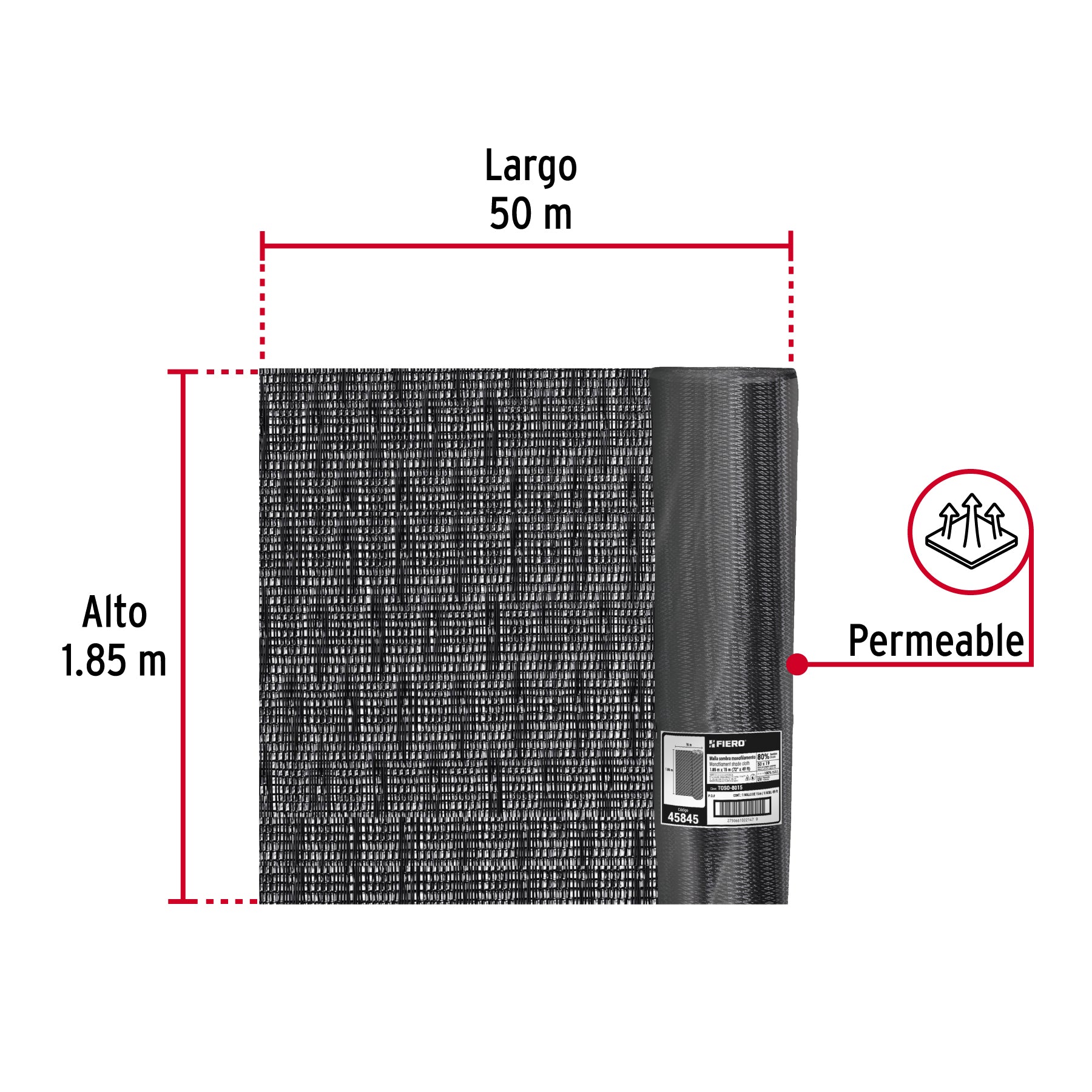 Rollo de malla sombra 80%, monofilamento negro, 1.85m x 50m. Modelo: TOSO-8050