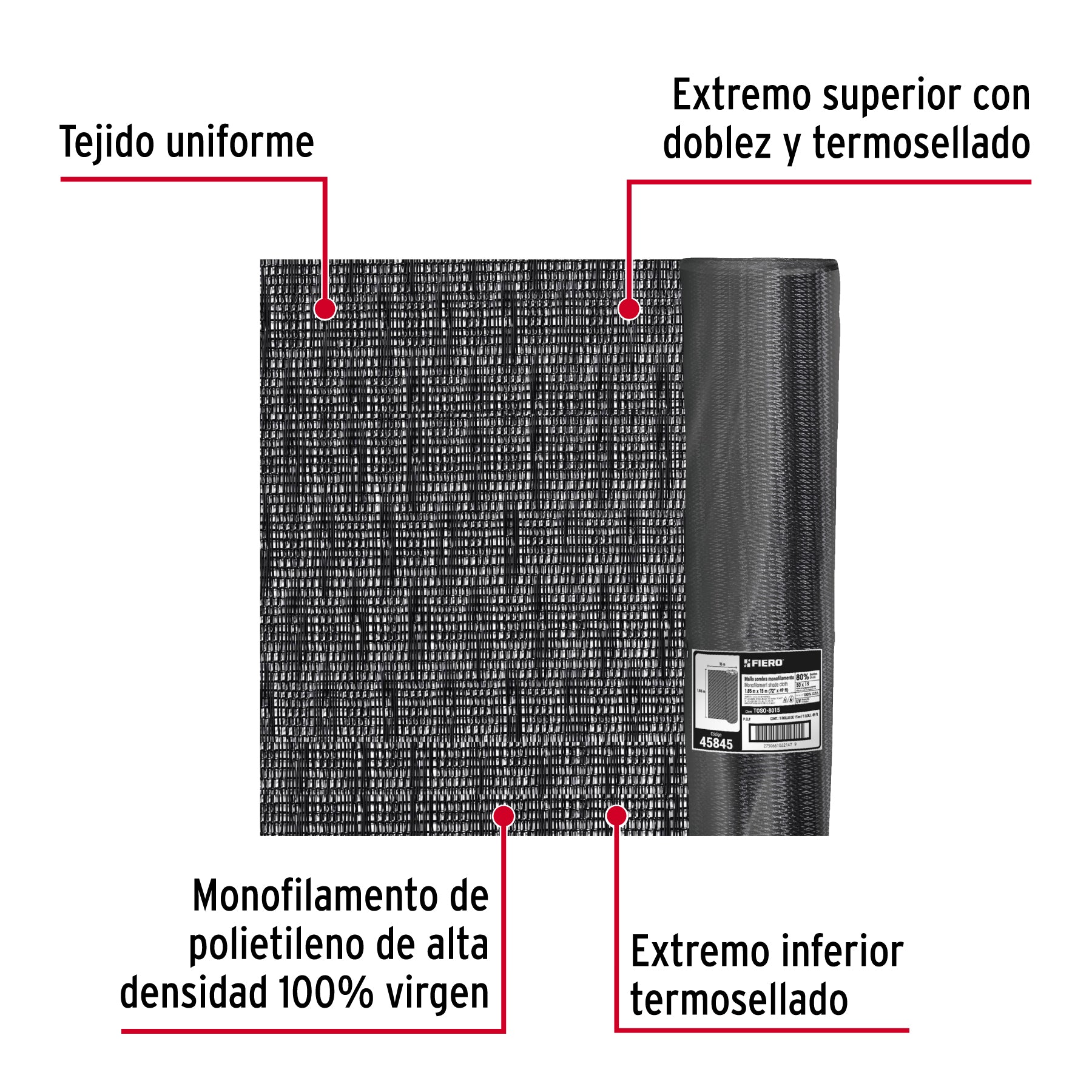 Rollo de malla sombra 80%, monofilamento negro, 1.85m x 50m. Modelo: TOSO-8050