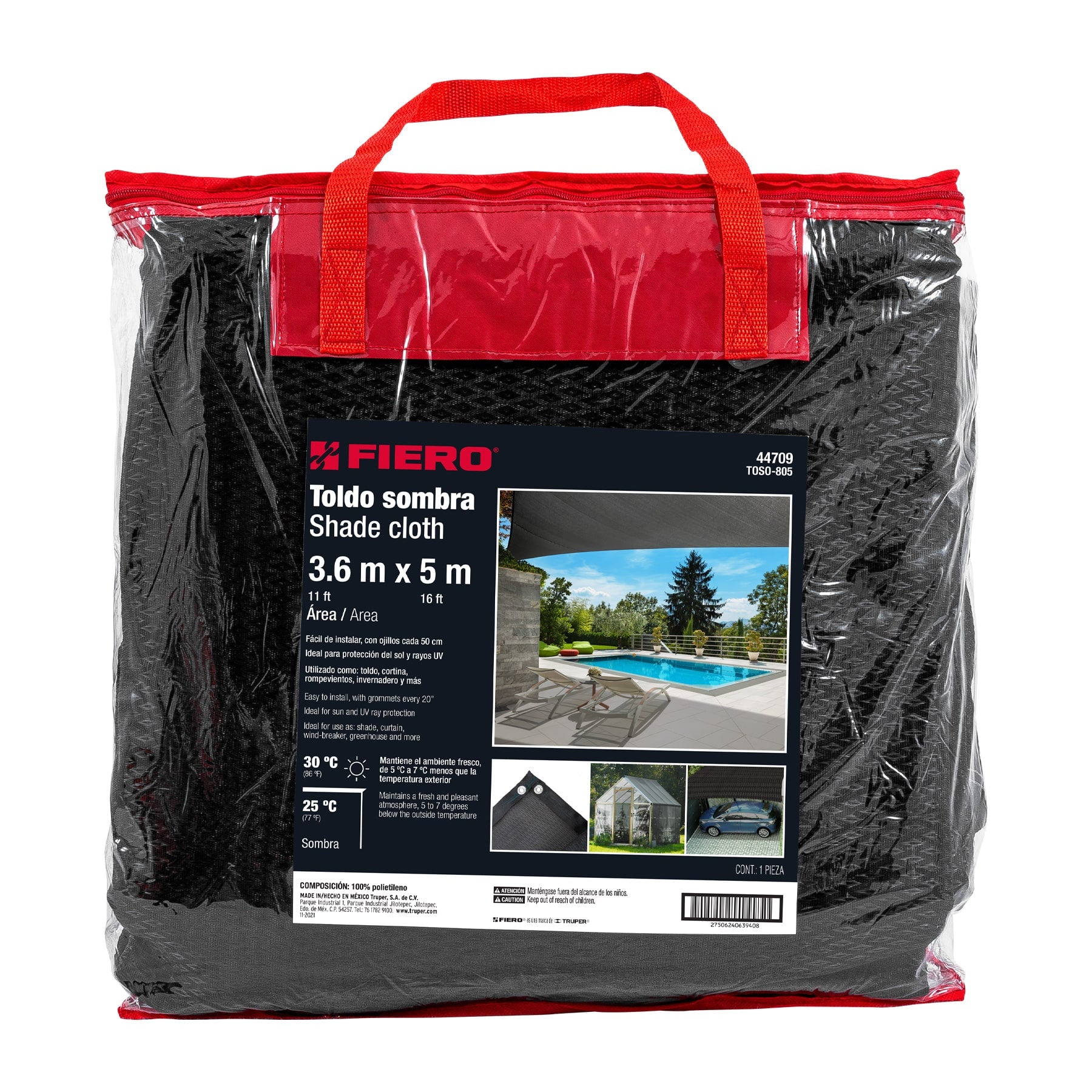 Toldo sombra 80%, monofilamento negro, 3.6m x 5m, FIERO. Modelo: TOSO-805