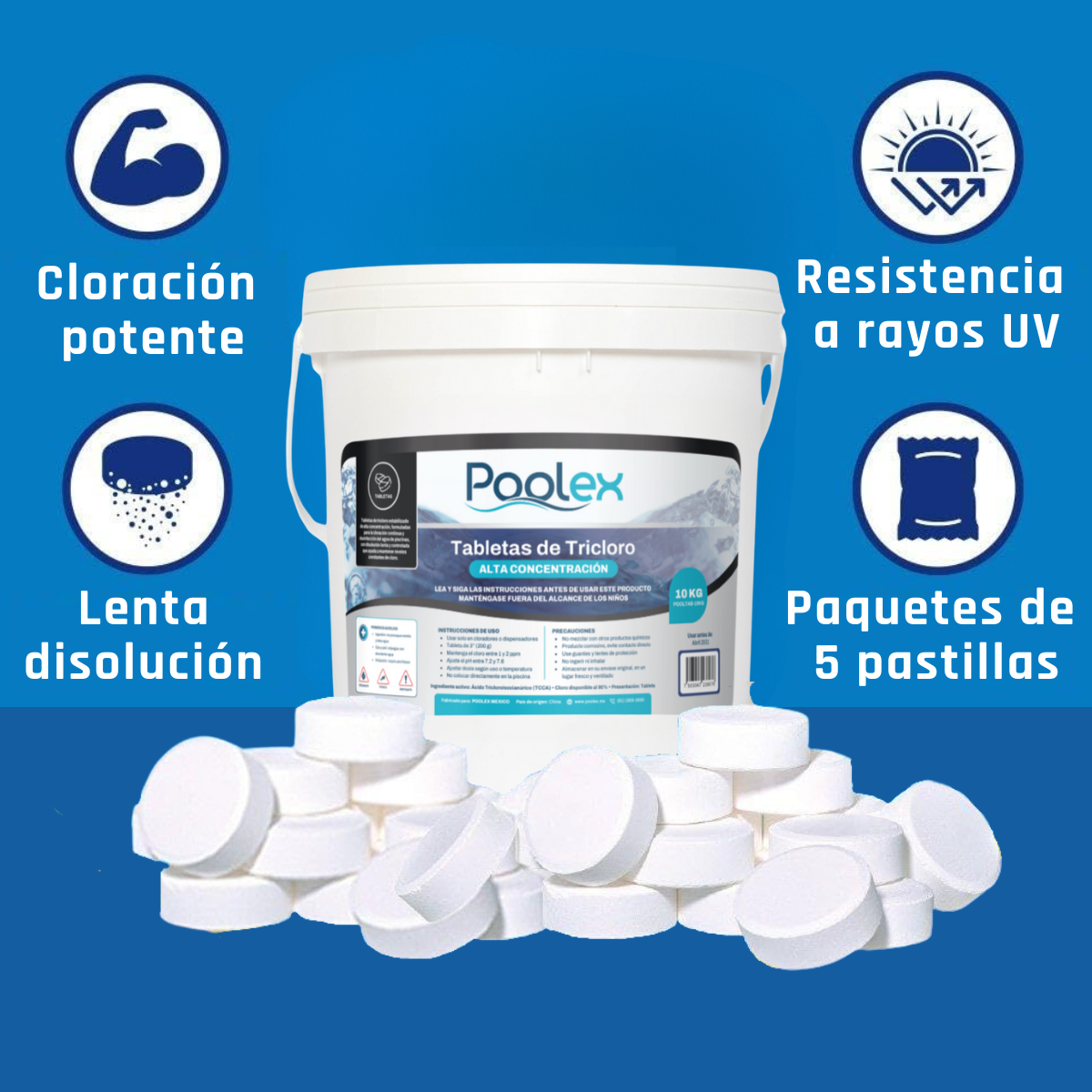 POOLEX Tricloro en tabletas de 3" (10 kg) para Piscinas, de Alta concentracion y acción prolongada