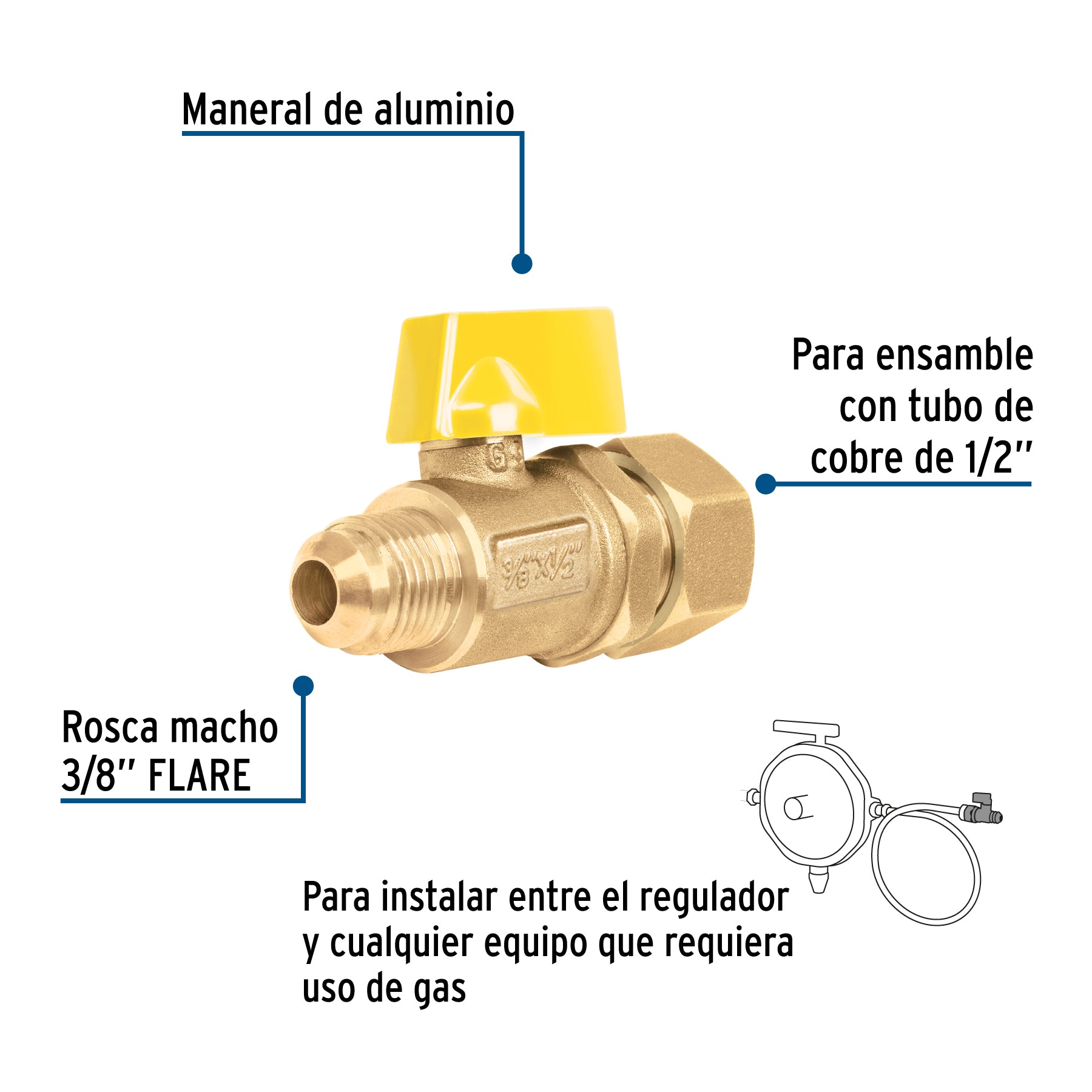 Válvula de control latón para gas 3/8'x1/2' tipo barrilito. Modelo: VG-554-B