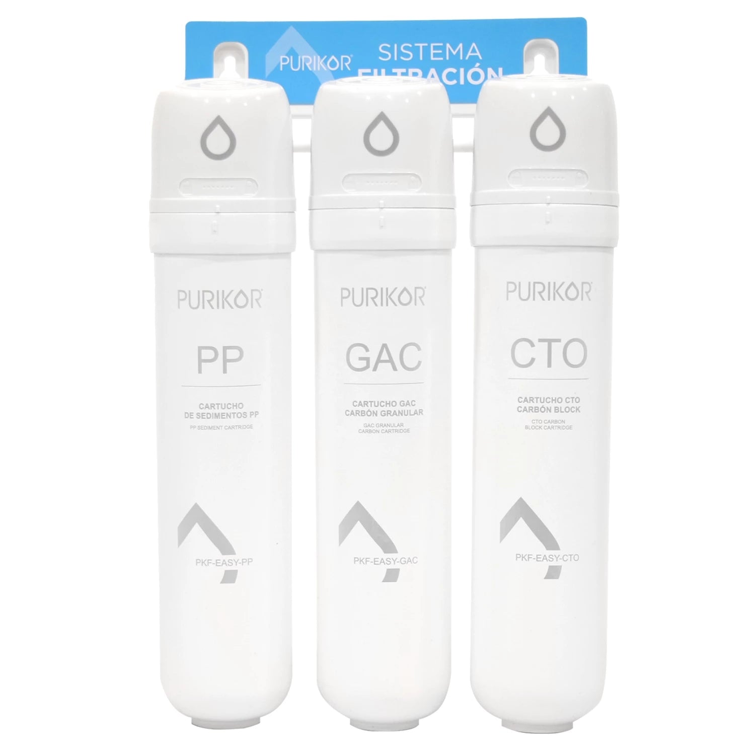 Sistema de filtracion de 3 etapas, Flujo Nominal 3 lpm, Marca: PURIKOR. Modelo: PKF-EASY-3