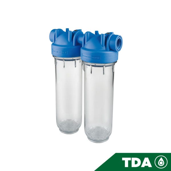 PORTAFILTRO DOBLE TRASPARENTE DP 10 DUO 1/4" NPT IN TS Marca ATLAS FILTRI. Modelo: RA1390121